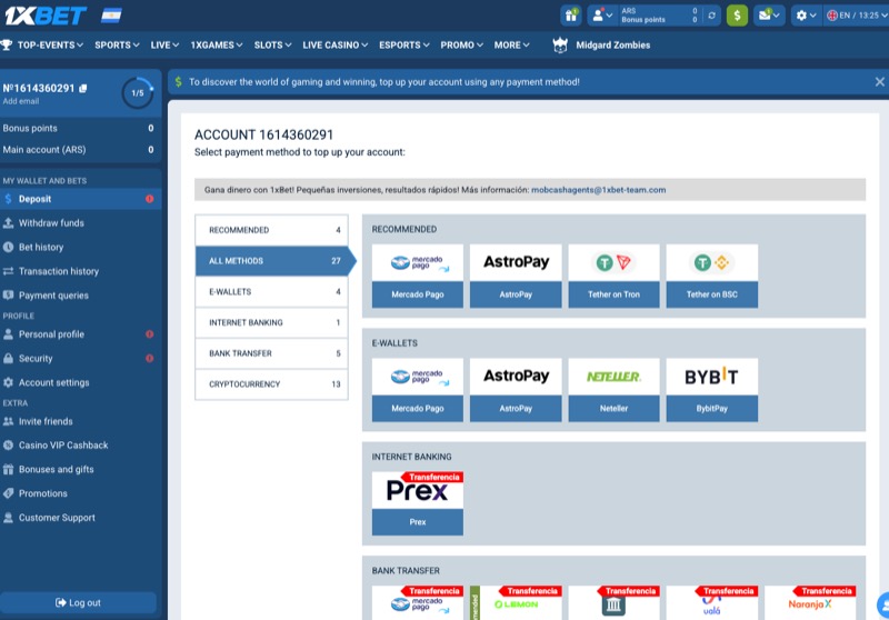 1xBet deposit page showing available payment methods