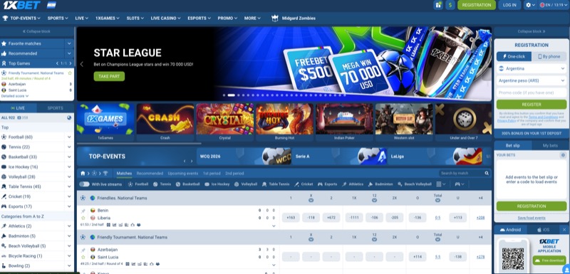 1xBet homepage sportsbook showing live betting markets and odds