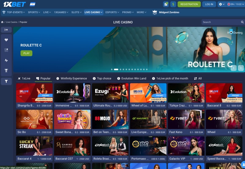 1xBet live casino lobby showing available table games and live dealer options