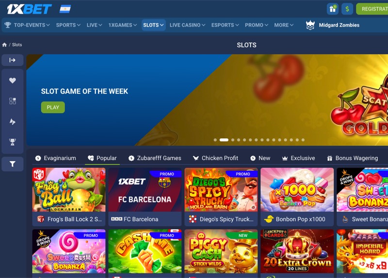 1xBet slots lobby showing the full selection of slot games available